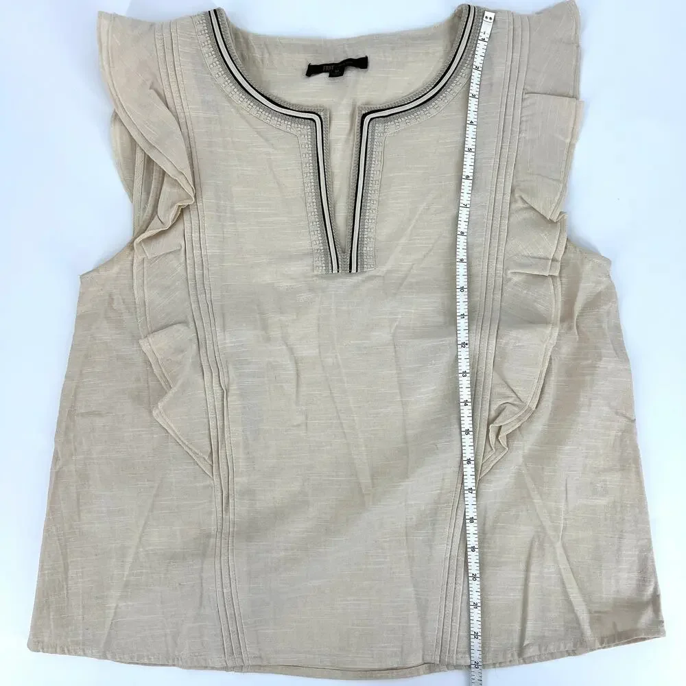 FRYE Ruffle Sleeveless Top Split V Neck Size M Oatmeal